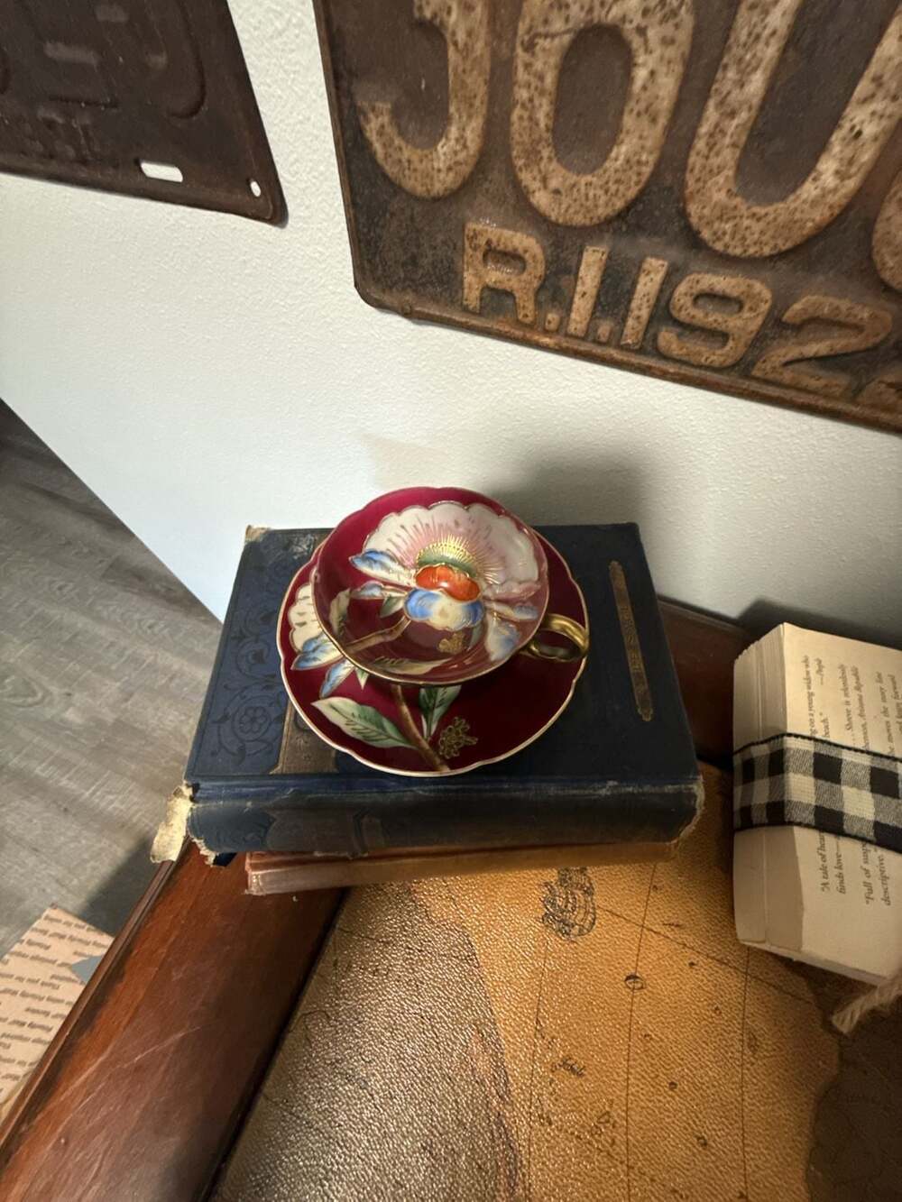 Vintage Saji Occupied Japan Fancy China Red Hand-Painted Floral Teacup and Sauce